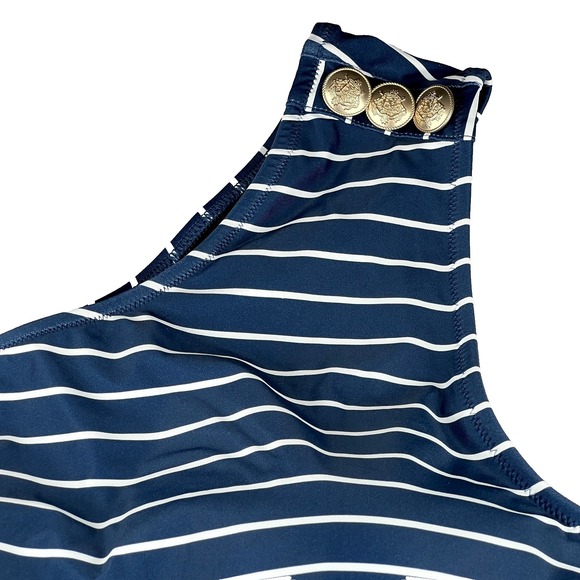 J.Crew Cutout One Piece Full Coverage Swimsuit w Buttons Navy Stripe Sz 14L $138 - Picture 4 of 14